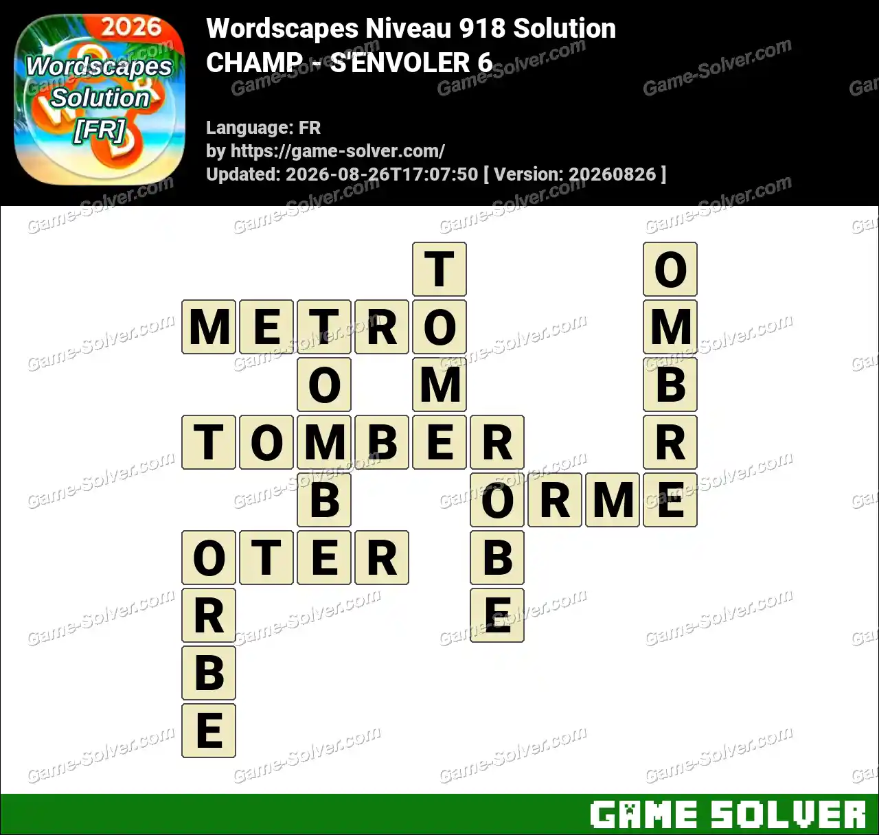 Wordscapes Français Niveau 918 Solution — CHAMP – S’ENVOLER 6